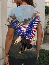 abordables Camiseta de Animales-Mujer Camiseta Estampado Graphic Animal Bandera estadounidense Vintage Elegante Clásico Manga Corta Escote en Pico Tops regulares Diario Fin de semana Azul Piscina Verano Primavera
