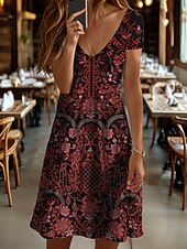 olcso Boho ruhák-Női Mini ruha Kötött ruha hétköznapi ruha Pólóruha Nyári ruha Szabadság Alkalmi Strand stílusok Normál Virágos Grafika Régies (Vintage) Rövid ujjú V-alakú Sárga Burgundi vörös Medence Bíbor Nyár