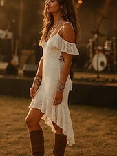 cheap Plain Dress-Women's Boho Dress Western Dress Vintage Midi Dress Slip Dress Off The Shoulder Dress Vacation Outdoor Going out Slim Fit Graphic Sleeveless Spaghetti Strap White Summer
