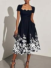 cheap Floral Dress-Women&#039;s Midi Dress A Line Dress Pleated Dress Work Dresses Vacation Casual Going out Regular Fit Floral Graphic Short Sleeve U Neck Black Summer