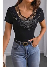 billige Plain t-skjorte-Dame Boho skjorte Bluse Blomsternål i krystall Moderne Fritid Kortermet V-hals Vanlige topper Daglig Ferie Ut på byen Lapper Broderi Svart Sommer