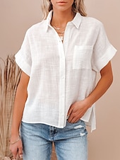 economico Camicie-Per donna Camicie di cotone e lino Blusa Semplice Moderno Casual Manica Corta Colletto a Camicia Top Regolari Ferie Uscire Bottoni Tasca Nero Bianco Rosa Estate