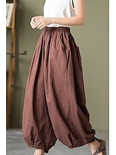 economico Pantaloni in lino e cotone semplici-Per donna Pantaloni in cotone e lino Culotte Moda Streetwear Lunghezza intera Naturale Semplice Tasca Elastico in vita Comodo All&#039;aperto Confortevole Vacanza Weekend Marrone rossastro Nero Verde