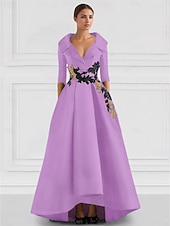 preiswerte SCHWARZ-Schwarzes A-Linie Abendkleid Vintage Gesticktes Elegantes Kleid Smokingkleid Formal Bodenlang Langarm V-Ausschnitt Tasche Satin mit Perlenapplikationen