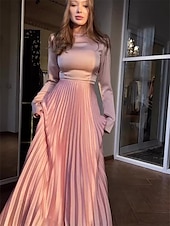 billiga Rosa-A-Linjig Quinceanera Klänningar Elegant Klänning Bröllop Bröllopsgäst Golvlängd Långa Ärmar Hög Nacke Chiffong med Fållning