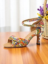 preiswerte Lateinamerikanische Schuhe-Bunte Latein-Tanzsandalen für Damen – offene Absätze mit Boho-Muster für Salsa-, Samba- und Sommerauftritte für Damen
