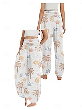 billiga Grafisk linnebyxa i bomull-Dam Linneinspirerade byxor Brett skaft Byxor Etnisk Stil Ledigt Boho Fullängd Hög midja Blommig Ficka Elastisk midja Tryck Mateial som andas Mjuk Microelastisk Utomhus Yoga Vit Gul Rosa Purpur Sommar