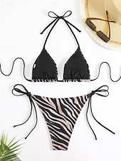 abordables Ensemble de bikinis-Femmes Maillots de Bain Bikini 2 pièces Maillot de bain Dos nu Tropical Tenues de plage Motif Zèbre Col Halter Sans manches Maillots de bain