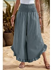 economico Pantaloni in lino e cotone semplici-Per donna Pantaloni in cotone e lino Pantaloni Eleganti Moda Streetwear Lunghezza intera Naturale Semplice Volant Elastico in vita All&#039;aperto Confortevole All&#039;aperto Vacanza Uscire Rosso arancione