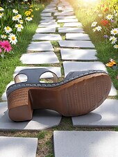 billiga Komfortsandaler-blomsandaler med tjocka klackar för kvinnor – bruna sommarskor i konstläder med ankelrem och 3d-blomsterdesign för trädgårdspromenader och utomhussammankomster