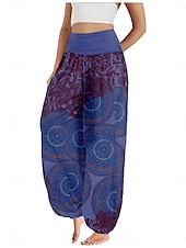 billiga Grafisk linnebyxa i bomull-Dam Linneinspirerade byxor Brett skaft Byxor Etnisk Stil Ledigt Boho Fullängd Hög midja Grafiska tryck Ficka Elastisk midja Tryck Mateial som andas Mjuk Microelastisk Utomhus Yoga Svart Blå Purpur