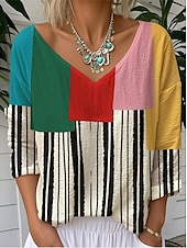 voordelige Dames Strepen &amp; Geometrische Tops-Dames Blouse Grafisch Geometrisch Gestreept Elegant Tropisch Dagelijks 3/4 mouw V-hals Normale tops Dagelijks Zwart blauw Regenboog Zomer Lente