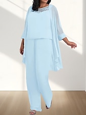 billige Gulvlengde-Jumpsuit  Buksedress 3 Delt Mor til bruden Kjole Bryllupsgjest Elegant Ledig Rund Utringning Gulvlengde Chiffon 3/4 Lengde Ermer med Perleapplikasjoner