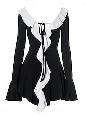 cheap Plain Dress-Women&#039;s Boho Dress Western Dress Vintage Mini Dress A Line Dress Ruffle Dress Casual Going out Beach Regular Fit Graphic Long Sleeve V Neck Black Summer