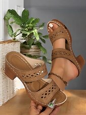 levne Sandály na dovolenou-dámské hnědé boho sandály s blokovým podpatkem – pohodlné retro pohodlné boty na letní cestování a každodenní nošení