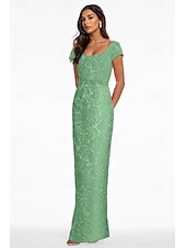 cheap Cocktail Dresses-Pink Jacquard Floral Column Evening Gown Elegant Dress Formal Wedding Ankle Length Short Sleeve V Neck Nylon with Floral Print Slit Pocket Wedding Guest Dress