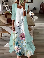 halpa Kukkamekko-Naisten mekko setti midi mekko a-linjainen mekko kesämekko loma boho ombre kukkakuosi 3/4-pituiset hihat pyöreä kaula-aukko ulkona päivittäin vaaleanvihreä kesä kevät löysä istuvuus