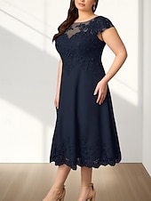 abordables Longueur du thé-Robe Mère de la Mariée A-Line Invité de Mariage Élégante Col Ronde Mi-Longue en Chiffon À Manches Courtes avec Appliques Robe Midi 2025