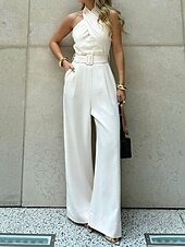 cheap Sets-Women&#039;s Normal Two Piece Sets Streetwear Solid Color Sleeveless Straight Halter Neck Pocket Street Daily Regular Fit White Summer