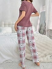 billige Pysjamassett for kvinner-Dame Pyjamas Pyjamas Sett Varm Mote Fritid Gitter / Teppe Knapper T skjorte Bukse Hjem Daglig Seng Kortermet Crew-hals Lilla Sommer Vår Skreddersydd