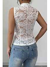 cheap Lace Tops-Women&#039;s Blouse Lace Tops Plain Elegant Modern Sleeveless V Neck Regular Tops Daily Holiday Going out Lace White Summer