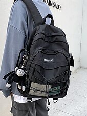 cheap College Backpacks-Unisex School Backpack with Monkey Keychain – Durable Red Travel Bookbag with Mesh Front Pocket and Bungee Cord for Teens and Students