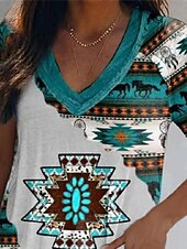 abordables T-shirt Boho-Femmes T-shirt Graphique Géométrique Bohème ancien Western Manche Courte Col en V Hauts Réguliers Quotidien Week-end Blanche Jaune Fuchsia Vert Été