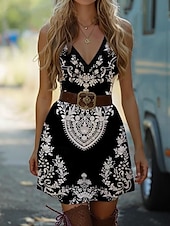 billige Boho-kjoler-Dame Mini kjole T skjortekjole Solkjole Ferie Fest Fritid Fest Ut på byen Strand Standard passform Grafisk Paisly Ermeløs V-hals Svart Lys Lilla Oransje Sommer