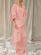 economico Lunghezza del pavimento-Abito Due Pezzi A-Line Madre della Sposa Ospite Matrimonio Elegante Inclusa Fascia V Collo Lunghezza del Pavimento Chiffon Manica Mezza Fascia Inclusa con Volant