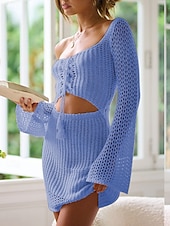 abordables Robes de plage-Maillots de bain pour femmes jupe de couverture maillot de bain découpé vacances plage vêtements couleur unie à col en V manches longues maillots de bain