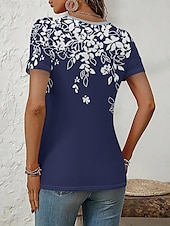 baratos Camiseta floral-Mulheres Camiseta Floral Gráfico Elegante Vintage à moda Manga Curta Gola Redonda Decote Redondo Tops regulares Diário Para Noite Patchwork Botões Em Camadas Azul Marinha Verão Primavera