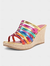 preiswerte Urlaubsandalen-Damen-Keilsandalen mit Plateau und Riemchen in Regenbogen-Metallic, perfekt für Strandpartys und Sommerferien