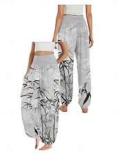 billiga Grafisk linnebyxa i bomull-Dam Linneinspirerade byxor Brett skaft Byxor Etnisk Stil Ledigt Boho Fullängd Hög midja Blommig Ficka Elastisk midja Tryck Mateial som andas Mjuk Microelastisk Utomhus Yoga Flodblå Blå Grön Beige