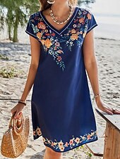preiswerte Ausgefallene Kleider-Damen Minikleid Sommerkleid Boho-Kleid Mode Modern Täglich Strand Wochenende Normale Passform Blumen Kurzarm Rundhalsausschnitt Blau Sommer