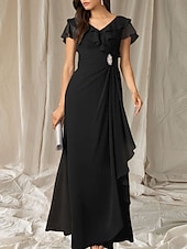 abordables Robes pour invitées de mariage-Robes de fête pour invité de mariage A-Line robe élégante longueur de sol à manches courtes décolletée en V en chiffon avec plis et volants