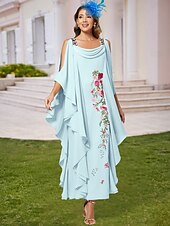 abordables Longueur du plancher-Robe colonne florale bleue mère de la mariée élégante taille plus col bijou longueur au sol chiffon manches demi-saison avec perles volants en cascade