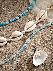 cheap Women&#039;s Necklace-Women&#039;s Boho Layered Shell and Bead Necklace Set – Beach-Style Turquoise Pendant and Gold Charms for Summer Vacations and Festivals