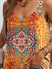 billige Boho tank topp-Dame Camisole Tank Top Grafisk Geometrisk Fritid Ermeløs Med stropper Vanlige topper Daglig Åpen rygg Lapper Trykt mønster Gul Rød Oransje Sommer Vår