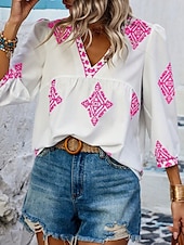 baratos Tops Boho Femininos-Mulheres Blusa Geométrica Boêmia Casual Manga 3/4 Manga Princesa Decote V Tops regulares Diário Imprimir Rosa Azul Marinha Roxo Verde Verão Primavera