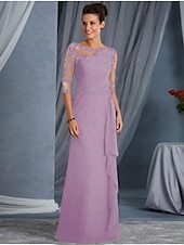 abordables Longueur du plancher-Robe Mère de la mariée A-Line invitée de mariage grande taille Col bateau Longueur maxi Chiffon Dentelle Manche demi avec appliques drapées robe à impressionner 2025 taille personnalisée gratuite