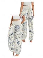 billiga Grafisk linnebyxa i bomull-Dam Linneinspirerade byxor Brett skaft Byxor Etnisk Stil Ledigt Boho Fullängd Hög midja Blommig Ficka Elastisk midja Tryck Mateial som andas Mjuk Microelastisk Utomhus Yoga Flodblå Blå Grön Beige