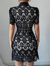 ieftine Rochie simplă-Pentru femei Rochie Mini Rochie de dantela Rochie de vară Elegant Modă În aer liber Petrecere Concediu Fit regulat Simplu Manșon scurt Guler Cămașă Negru Vară Primăvară