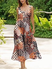 abordables Vestidos Boho-Mujer Vestido maxi Vestido de verano Vestido de una línea Vestido lencero Vestido plisado Vacaciones Casual Boho Playa Ajuste regular Graphic Cosecha Bohemio Sin Mangas Escote en U Camiseta con