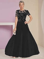 cheap Mom&#039;s Jumpsuits-Blue Jumpsuit / Pantsuit Satin Floral Lace Mother of the Bride Pantsuit Elegant Simple Minimalist Crew Neck Floor Length Chiffon Lace Short Sleeve