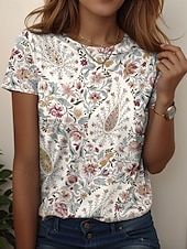 tanie T-shirt boho-Damskie Podkoszulek Graficzny W Tureckie Wzory Zabytkowe Elegancki Codzienny Krótki rękaw Półgolf Zwykłe topy Codzienny Weekend Stroje plażowe Nadruk Czarny + Biały + Czerwony Czarny Rumiany r
