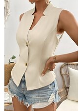 billige Enkel tank topp-Dame linskjorte Bluse Bomull lin vest عادي Fritid Ermeløs V-hals Vanlige topper Daglig Ut på byen Knapper Svart Hvit Champagne Sommer