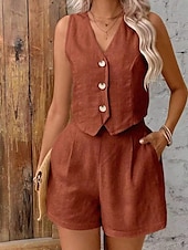 cheap Women&#039;s Blouse Suits-Women&#039;s Active Blouse Vest Shorts Sets Sleeveless V Neck Solid Color Dubbele Rij Knopen Holiday Casual Daily Black Wine Army Green Summer Regular Fit