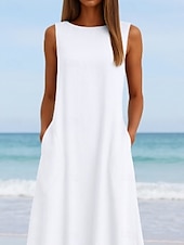 preiswerte Kleider aus Baumwolle und Leinen entwerfen-Damen Midikleid Weißes Kleid Freizeitkleid Trägerkleid Sommerkleid Mode Basic Modern Täglich Strand Wochenende Normale Passform Einfach Ärmellos Rundhalsausschnitt Weiß Sommer