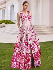 economico FLORALI-Linea ad A Abito da Sera Elegante Vestito Formale Matrimonio Lunghezza al pavimento Senza Maniche Scollo a V Raso con Ricamo Applicazioni 2025