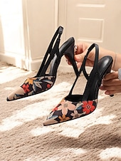 cheap Slingback Pumps-Women's Floral Slingback High Heels – Elegant Pointed Toe Stiletto Pumps for Office, Party, or Evening Events